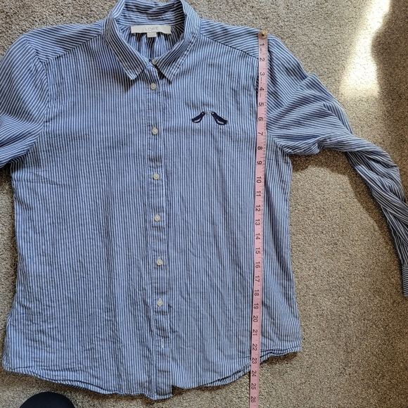 LOFT Blue White Striped 100% Cotton Button Down Shirt Embroidered Birds Size M - Picture 9 of 10